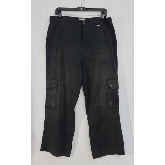 Chico's Wide Leg Cargo Pant Cotton Blend Black Asian Print Pocket Detail Sz 2/ L - Picture 1 of 9